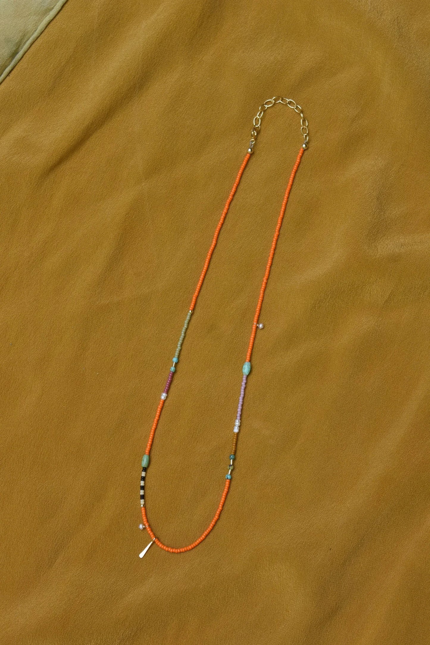 Beaded Necklace- Orange with turquoise and pearls