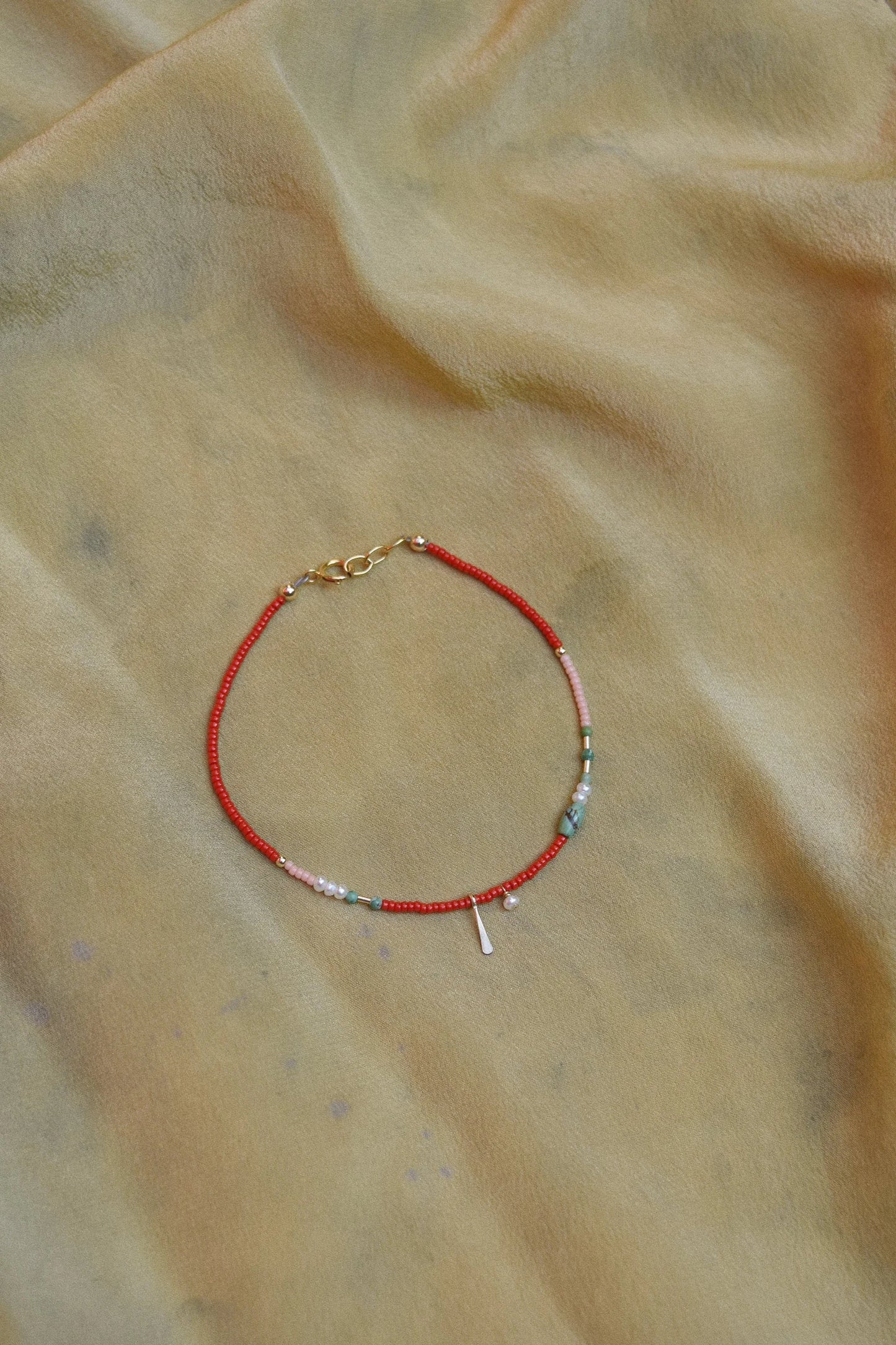 Beaded Bracelet or Anklet- Cherry with Turquoise and Pearls