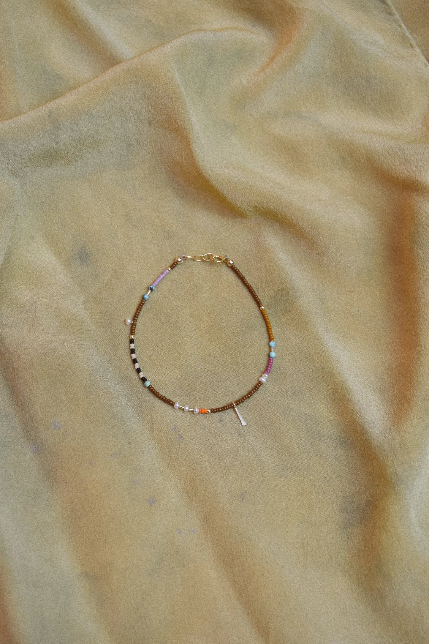 Beaded Bracelet or Anklet- Brown with Turquoise and Pearls