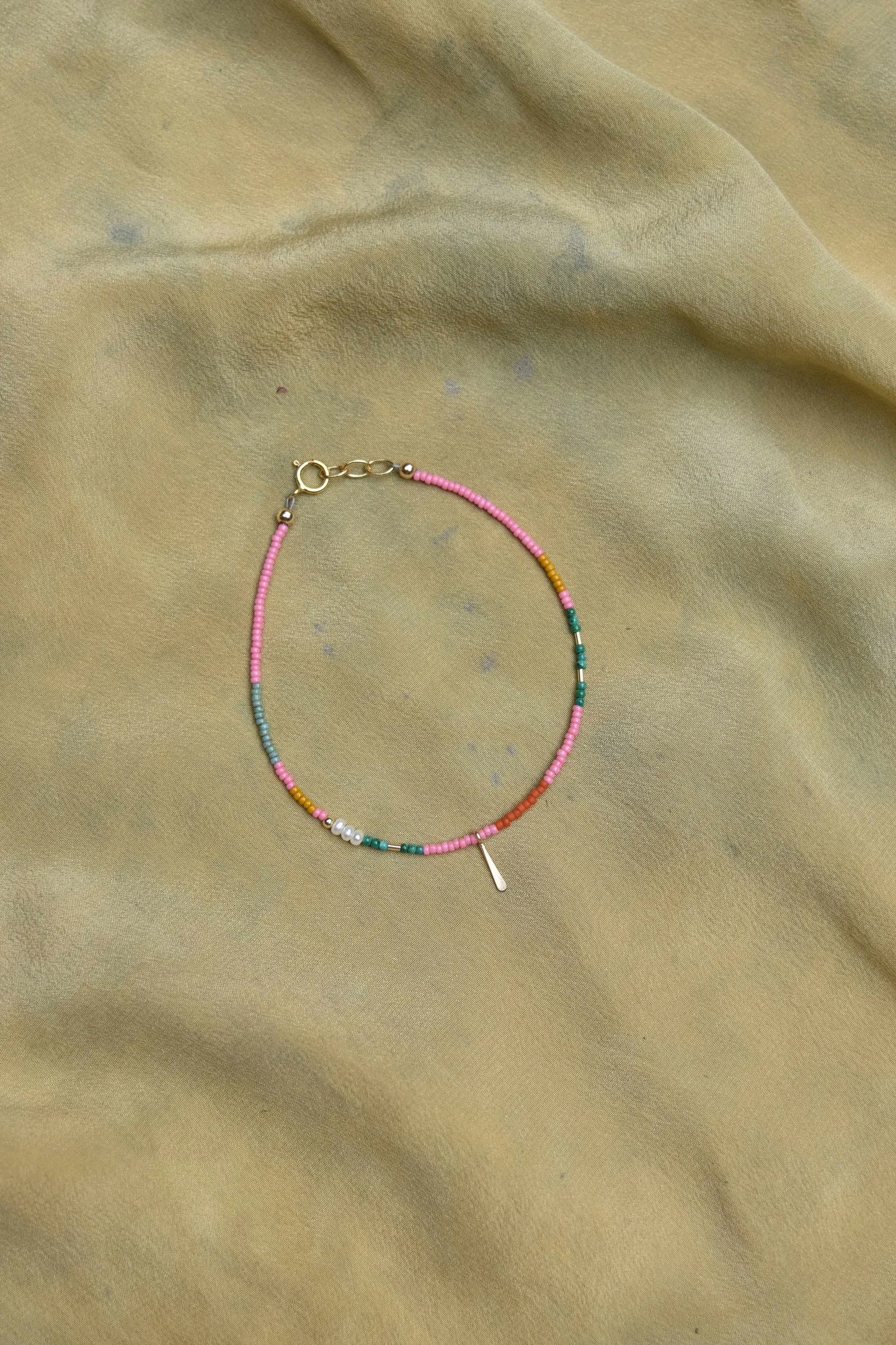 Beaded Bracelet or Anklet- Pink with Malachite