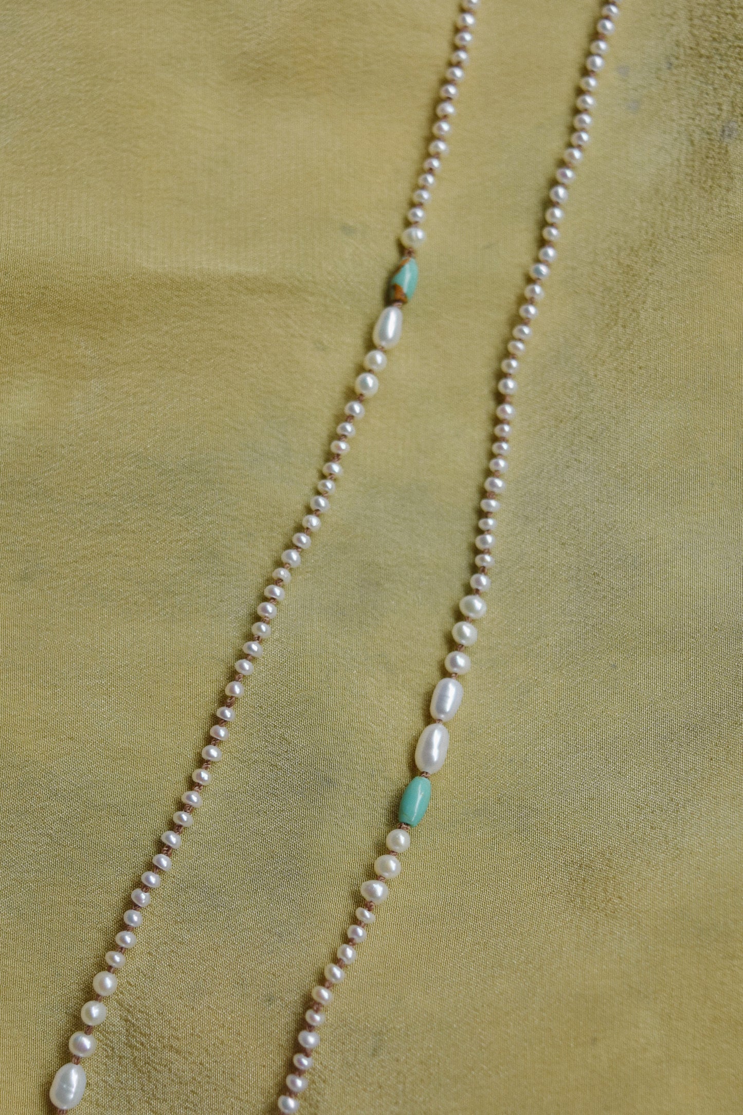 Hand knotted Freshwater Pearl and Turquoise Necklace- Beige Thread