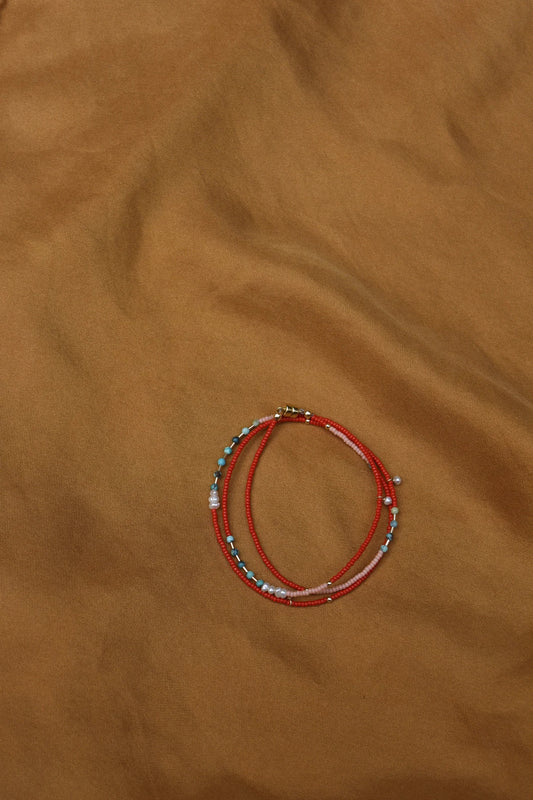 Wrap Bracelet- Cherry with Turquoise and Freshwater Pearls