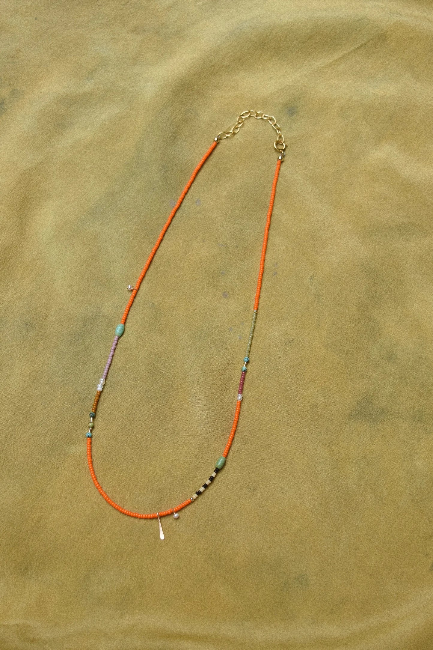 Beaded Necklace- Orange with turquoise and pearls