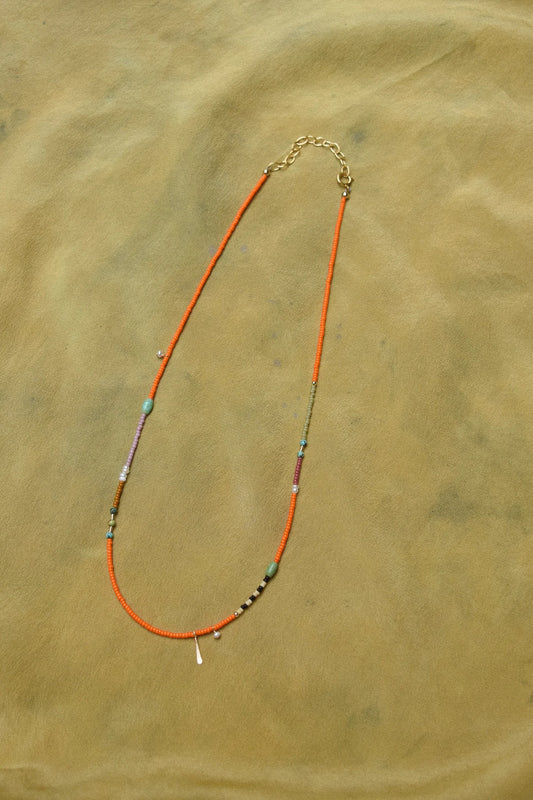 Beaded Necklace- Orange with turquoise and pearls