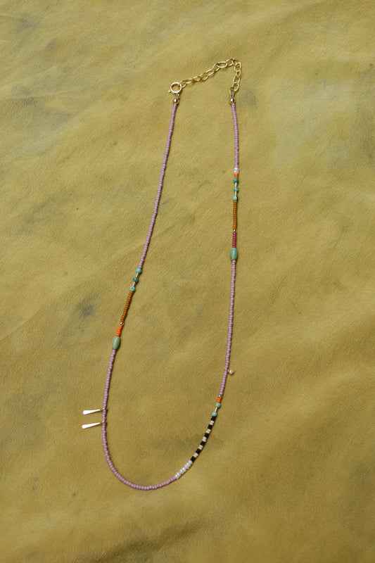 Beaded Necklace- Lilac with turquoise and pearls