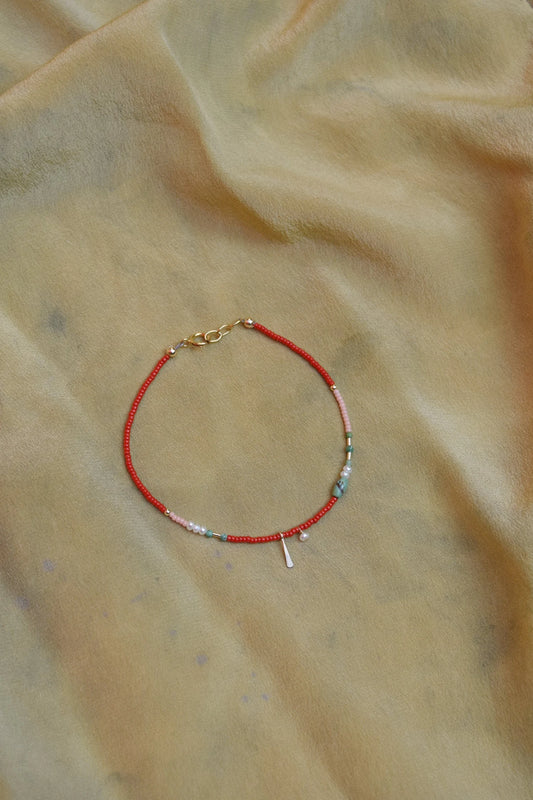 Beaded Bracelet or Anklet- Cherry with Turquoise and Pearls
