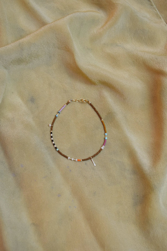 Beaded Bracelet or Anklet- Brown with Turquoise and Pearls