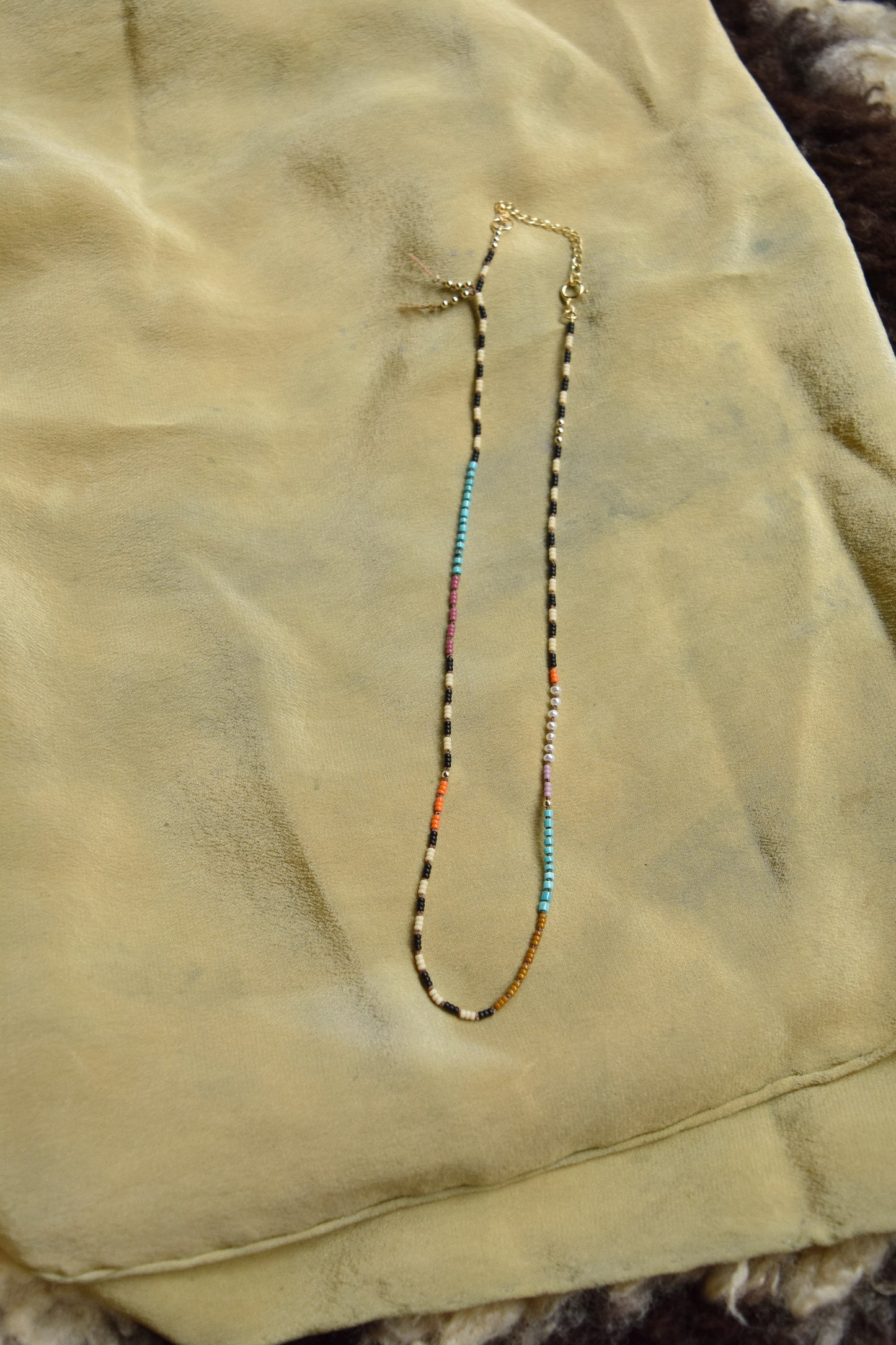 Hand knotted Beaded Necklace- Stripes with Turquoise and Pearls