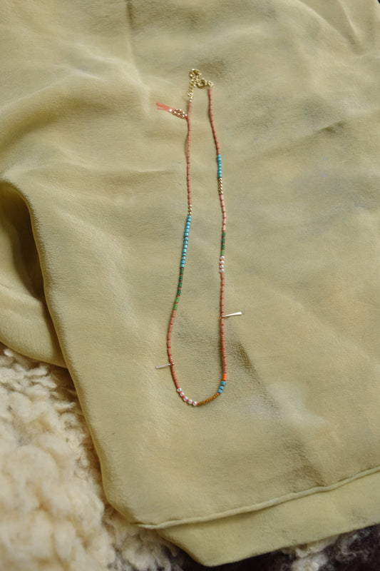 Hand knotted Beaded Necklace- Peach with Turquoise and Pearls