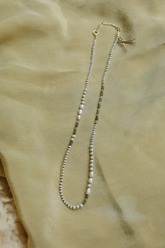 Hand knotted Freshwater Pearl and Jade Necklace- Brown Thread