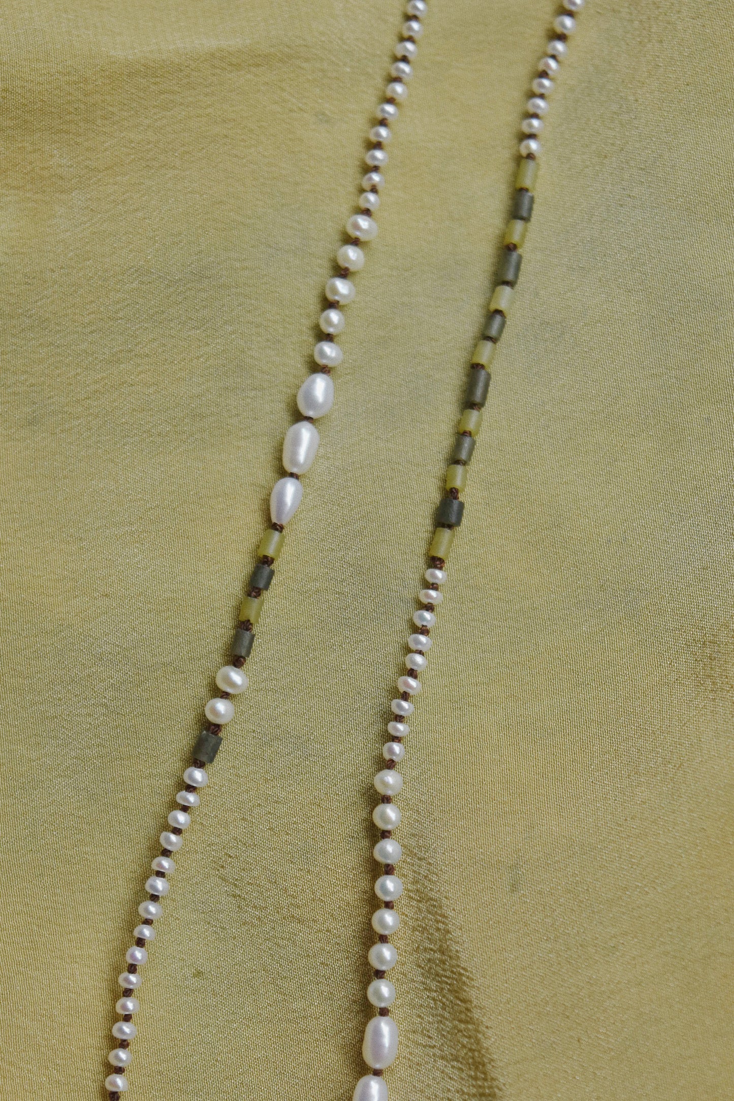 Hand knotted Freshwater Pearl and Jade Necklace- Brown Thread