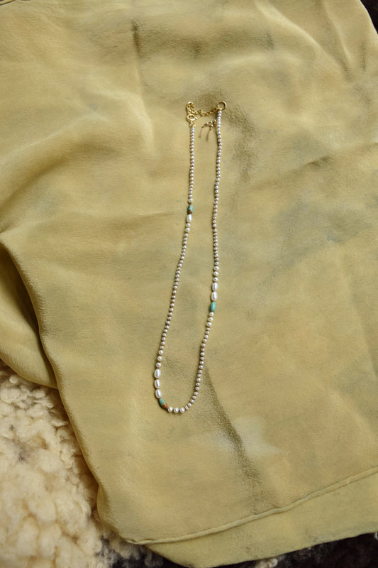 Hand knotted Freshwater Pearl and Turquoise Necklace- Beige Thread