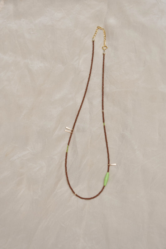 Antique Beaded Necklace- Brown with green