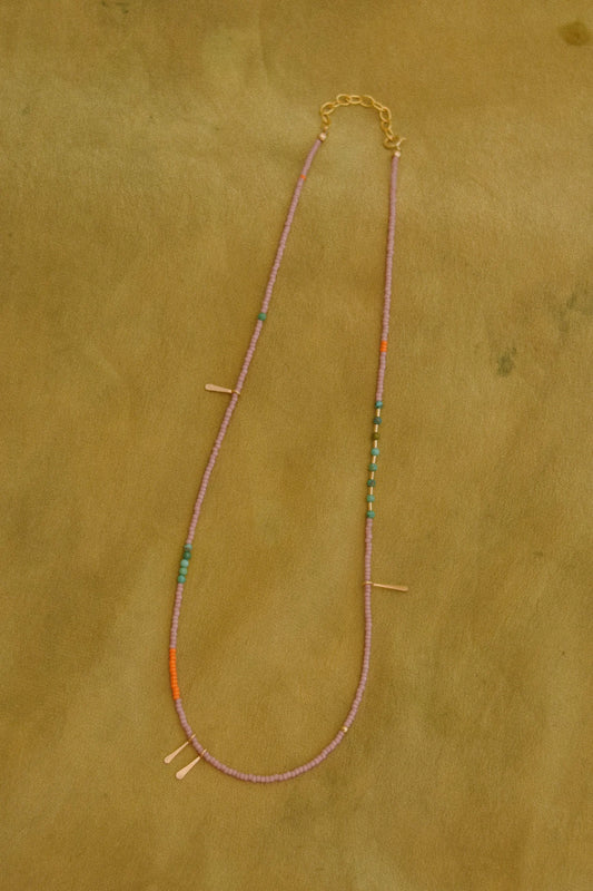 Beaded Necklace- Lilac and Orange with Turquoise