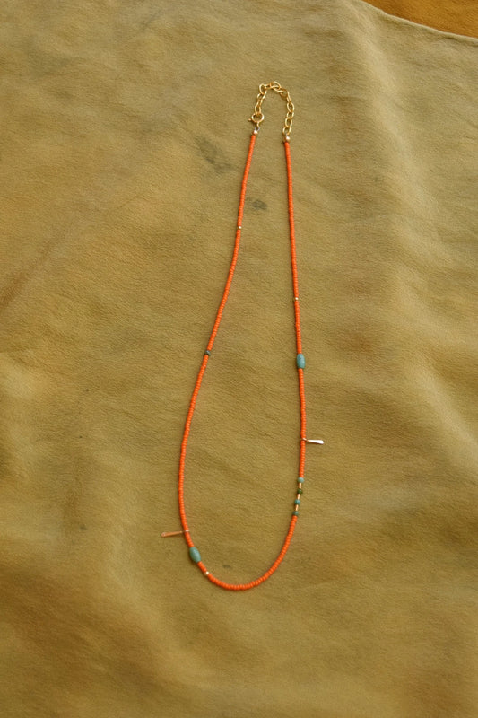 Beaded Necklace- Orange with Turquoise