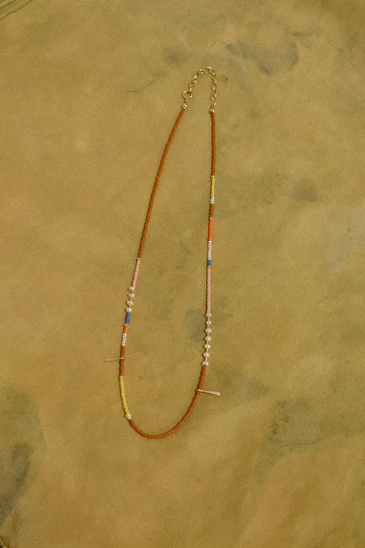 Beaded Necklace- Red Clay with Freshwater Pearls