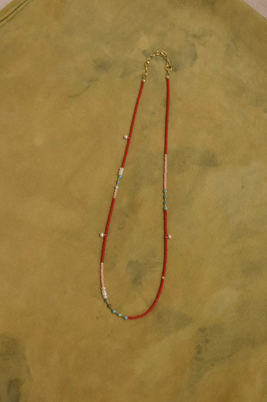 Beaded Necklace- Cherry with turquoise and pearls